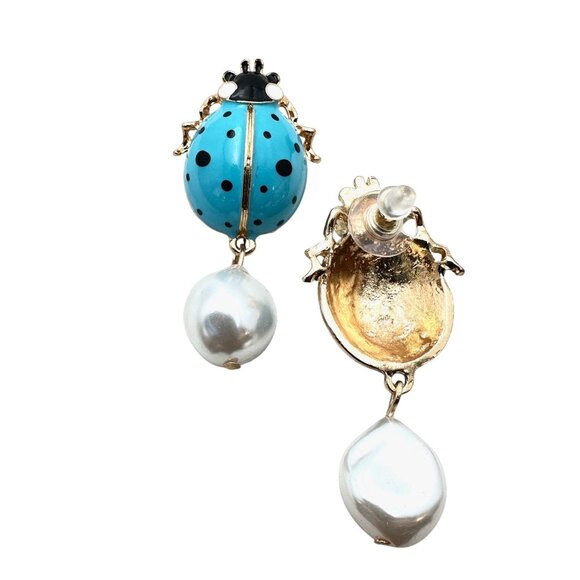 Womens Earrings Pierced Lady Bug Blue Enamel Faux Pearl Gold Tone Chandelier - Picture 3 of 3